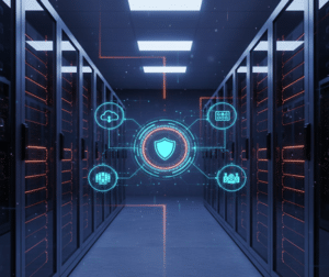 A sleek server room symbolizing a secure hybrid backup flow for cloud, local, and hybrid backups