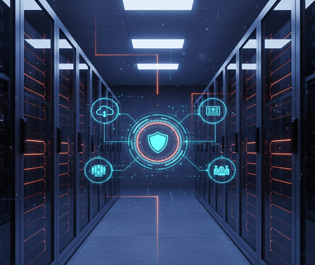 A sleek server room symbolizing a secure hybrid backup flow for cloud, local, and hybrid backups