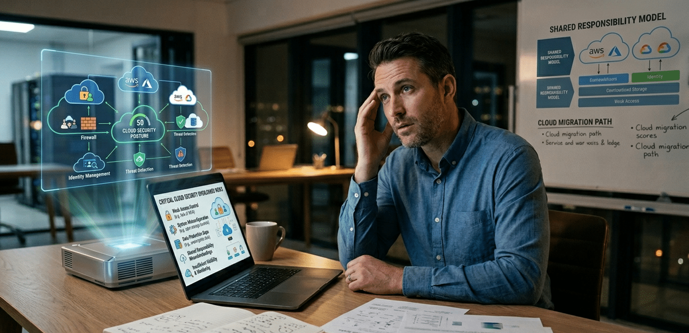 A man reviewing a detailed computer display showing cloud security protocols and threat detection.
