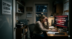 Local small business owner viewing a cyberattack warning on a computer screen