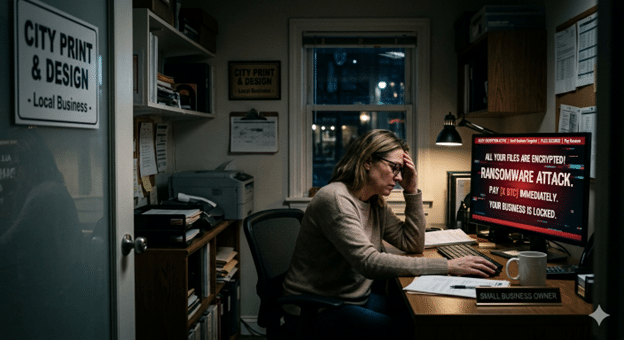Local small business owner viewing a cyberattack warning on a computer screen