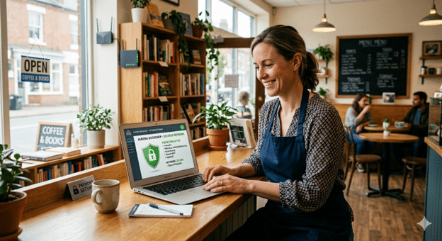 Small business owner reviewing a secure business website on a laptop
