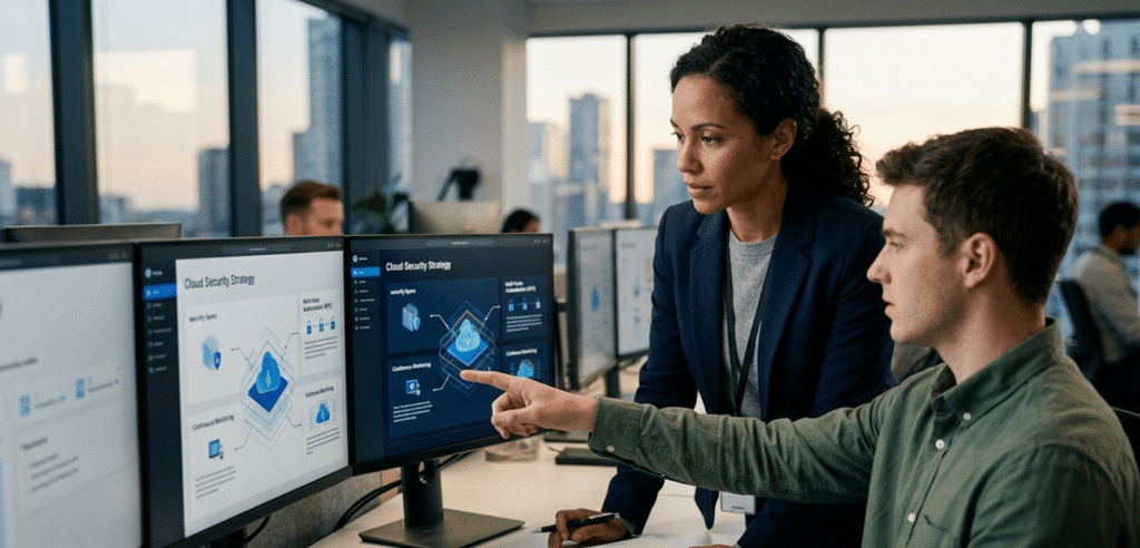 A man and a woman reviewing computer displays showing cloud security strategies.