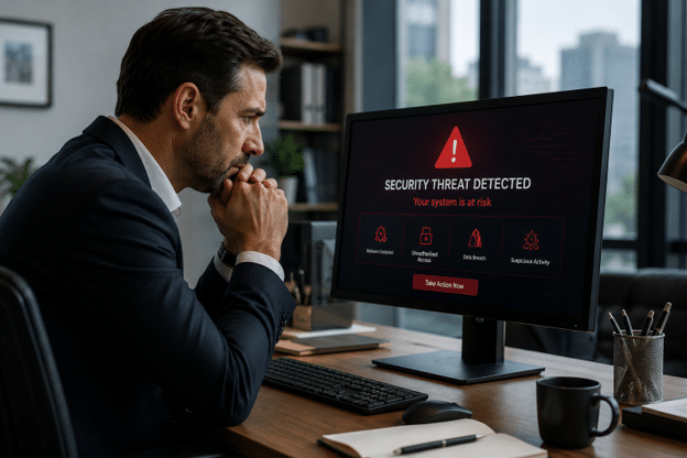 Concerned business owner working on a laptop, experiencing a cyber security threat.