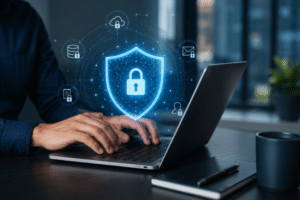 Hands typing on a laptop, activating a digital hologram lock symbolizing cybersecurity and data protection