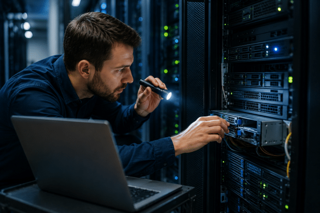 IT specialist troubleshooting hardware in a server room