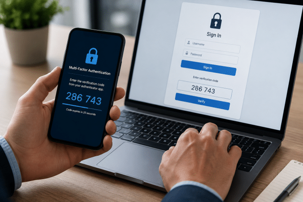 User approving a laptop login notification on a smartphone for multi-factor authentication