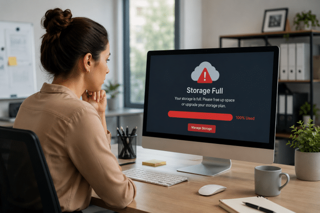 Woman sitting at desk, frustrated by a laptop storage capacity error.