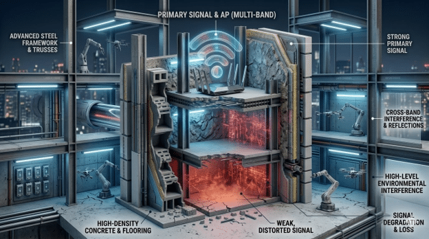Cross-section of a multi-floor office building showing Wi-Fi signal interference through concrete floors and steel structures .
