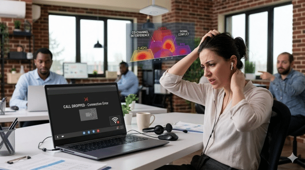 Employee in office experiencing dropped video call on laptop.