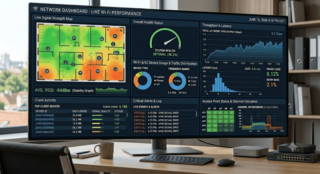 Network dashboard displaying live Wi-Fi performance metrics.