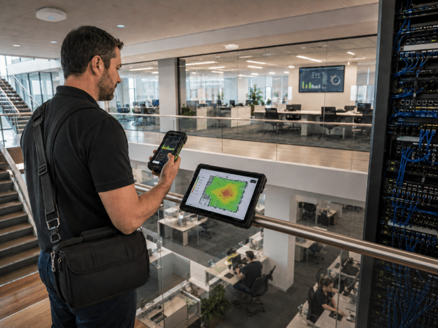 Technician using site survey tools measuring signal strength across office floors.