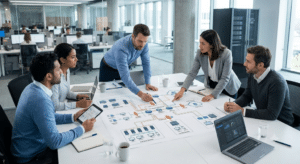 IT management team reviewing IT infrastructure mapping at a table.