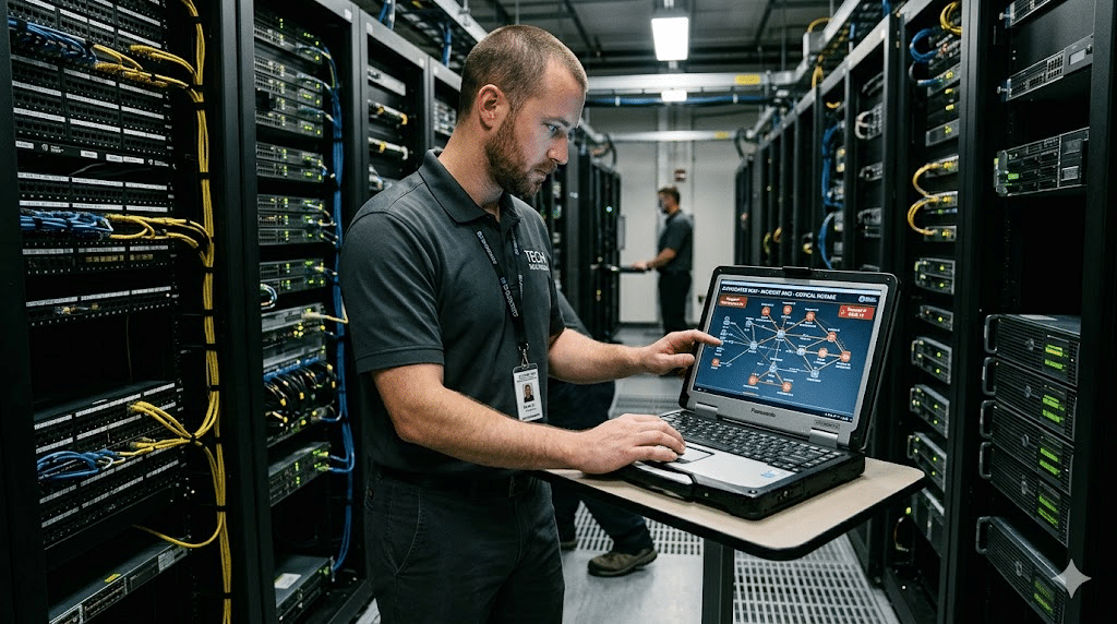 IT technician reviewing a digital network map during a system outage.