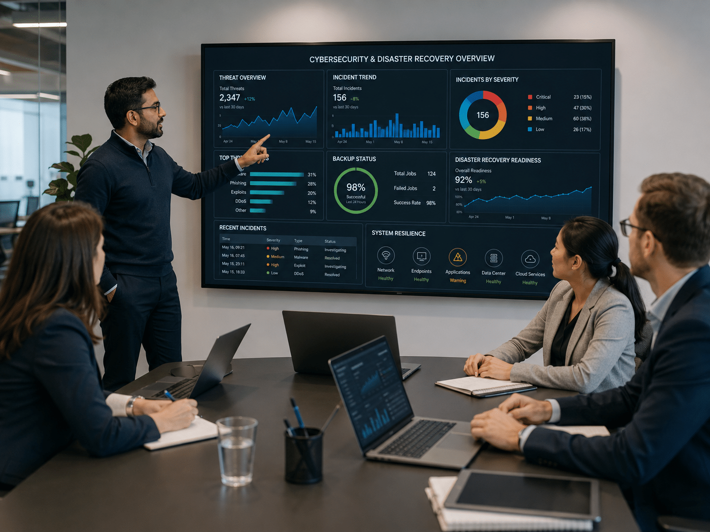 An IT specialist reviewing cybersecurity and disaster recovery statistics with their team.