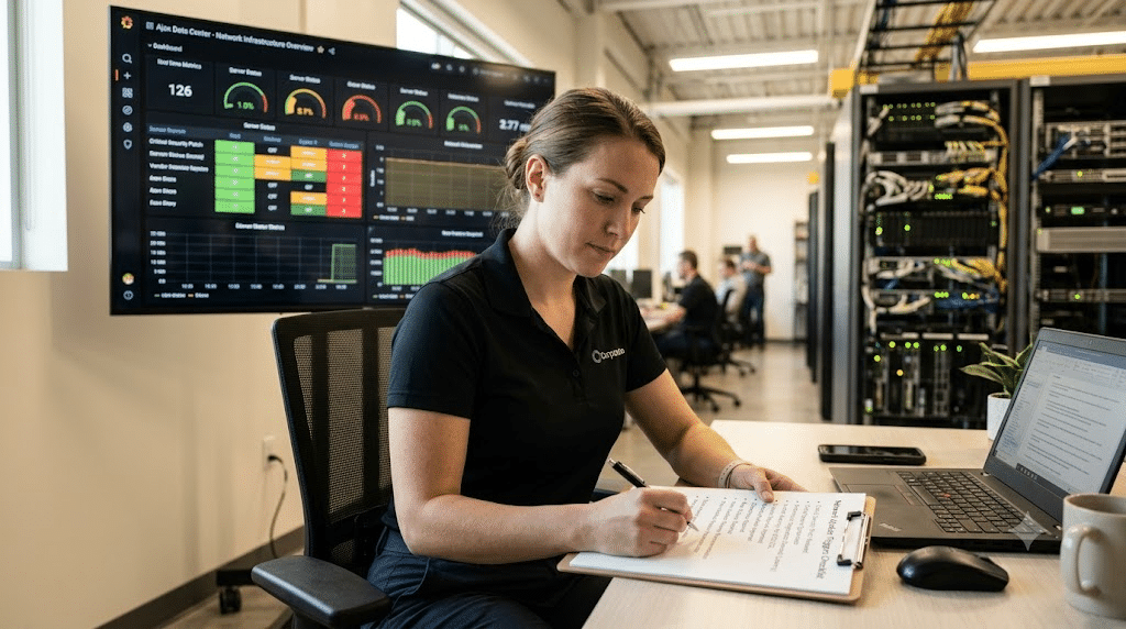 Checklist showing network update triggers with IT dashboard in background.