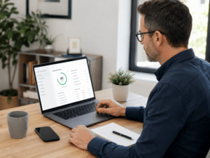 A small business owner reviewing cybersecurity and privacy compliance information on a laptop.