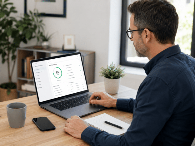 A small business owner reviewing cybersecurity and privacy compliance information on a laptop.