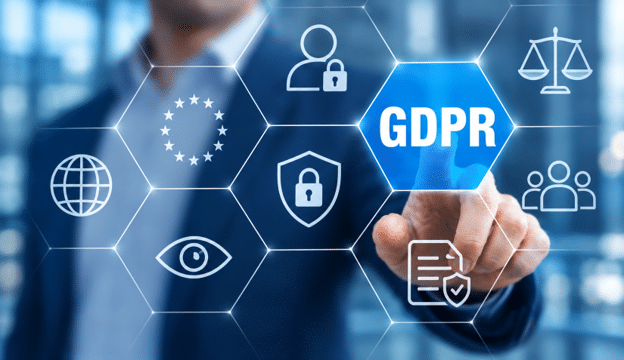 Business professional interacting with a GDPR compliance interface featuring privacy, security, and data protection icons on a digital hexagonal dashboard.