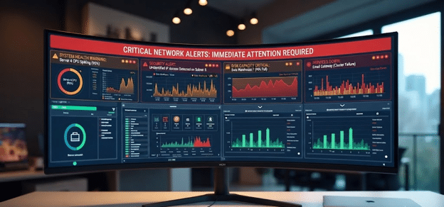 Network operations center screen displaying real-time critical alerts.