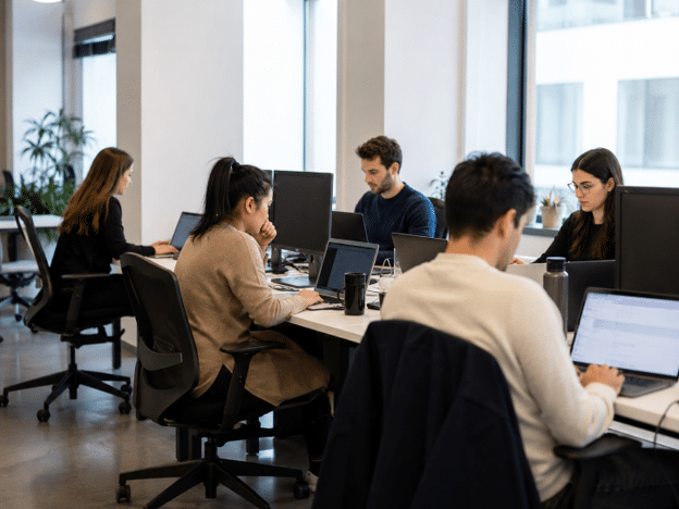 Team members working on computers in a bright modern office.