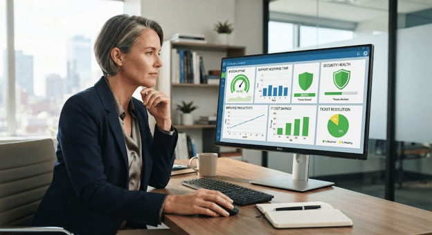 Businesswoman reviewing IT performance metrics and KPIs.