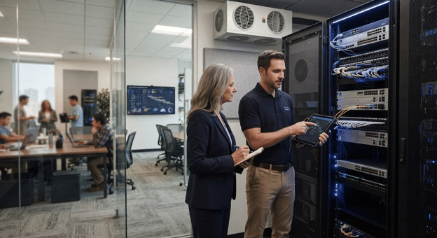 IT professional assessing business technology systems.