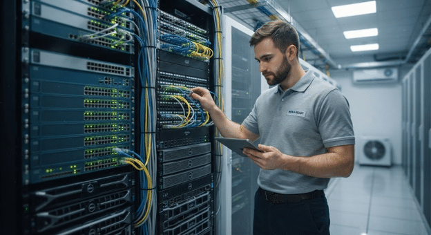 IT technician inspecting server infrastructure for business continuity readiness.