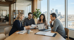 Small business team reviewing a Business Continuity Plan in an Edmonton office.