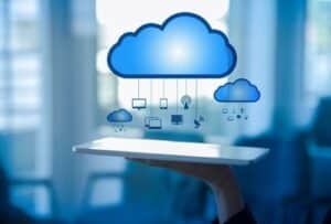 Cloud computing technology connecting business devices and data through a digital network.