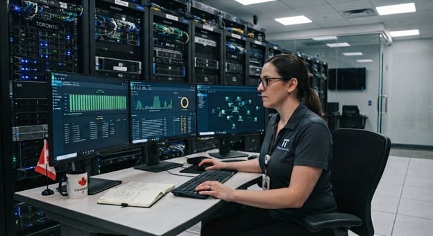 IT professional testing data backups while monitoring multiple server screens.
