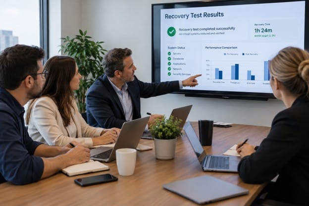 SMB team reviewing results of data recovery testing for business continuity.