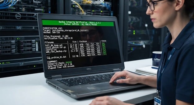 Verifying data backup integrity during regular testing process.